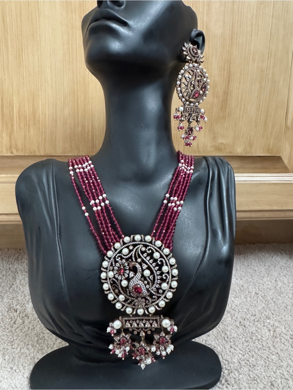 Maroon Beaded Multi-Strand Necklace with Ornate Pearl Pendant